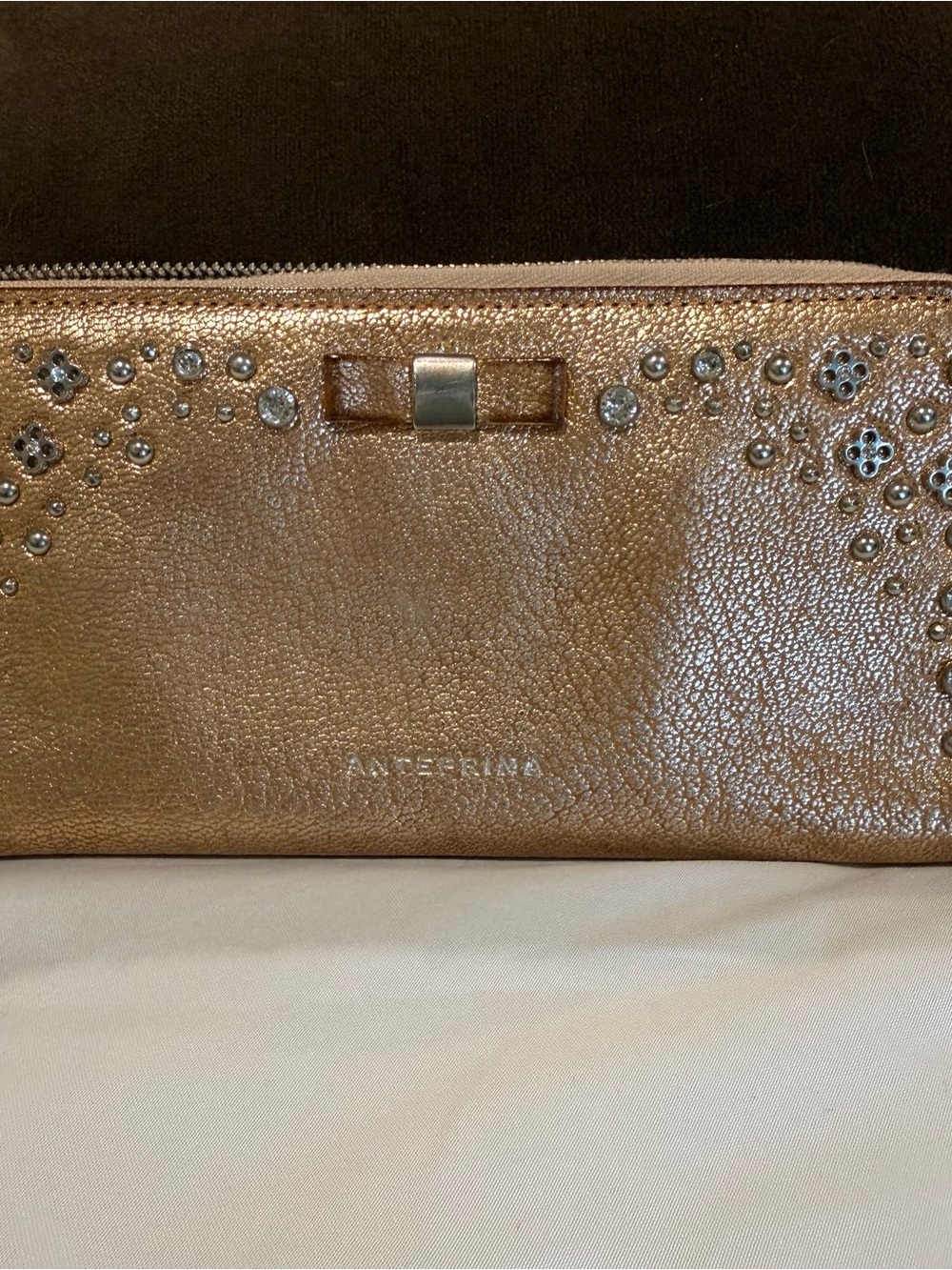 ANTEPRIMA Metallic Rose Gold Zip Around Wallet/ Crystal Stud - Zipper needs  fix